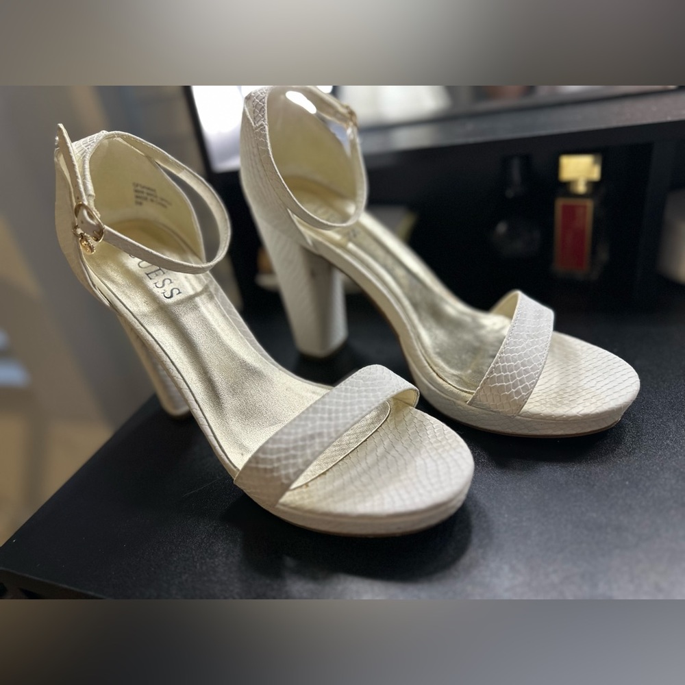 White Guess Strap Heels